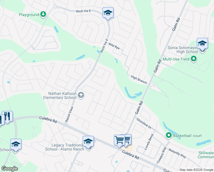 map of restaurants, bars, coffee shops, grocery stores, and more near 8543 Angelina Parke in San Antonio