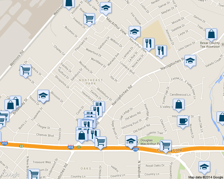 map of restaurants, bars, coffee shops, grocery stores, and more near 503 Woodbury Drive in San Antonio