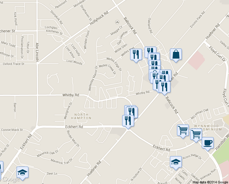 map of restaurants, bars, coffee shops, grocery stores, and more near 6101 Whitby Road in San Antonio