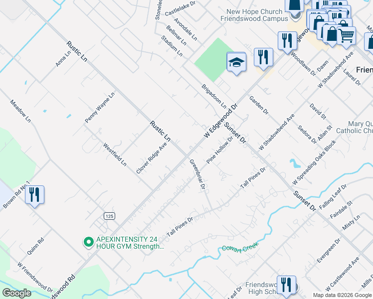 map of restaurants, bars, coffee shops, grocery stores, and more near 805 West Edgewood Drive in Friendswood