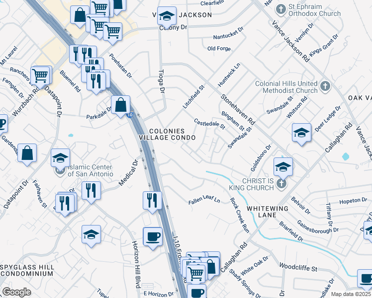 map of restaurants, bars, coffee shops, grocery stores, and more near 3547 Rock Creek Run Street in San Antonio