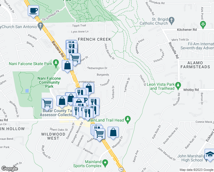 map of restaurants, bars, coffee shops, grocery stores, and more near 8746 Jack Bean Street in San Antonio