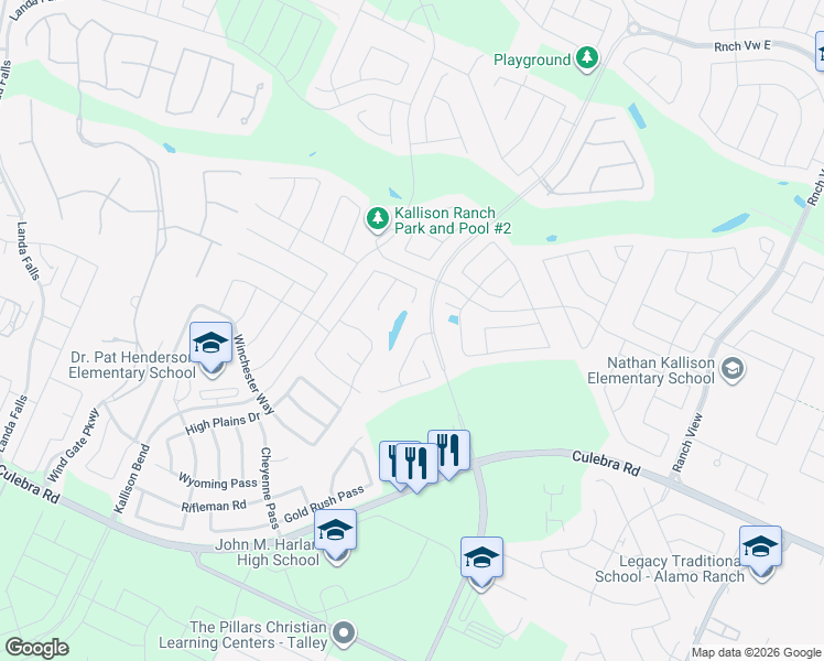 map of restaurants, bars, coffee shops, grocery stores, and more near 14115 Saratoga Pass in San Antonio