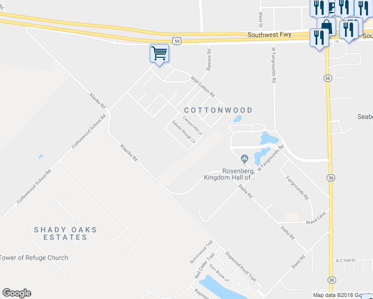 map of restaurants, bars, coffee shops, grocery stores, and more near Coffee Mill Creek Lane in Rosenberg
