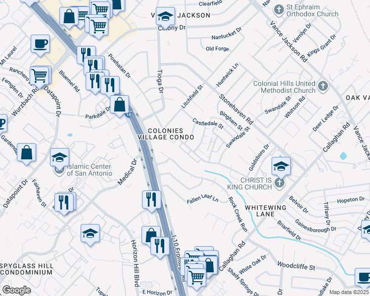 map of restaurants, bars, coffee shops, grocery stores, and more near 3547 Rock Creek Run Street in San Antonio