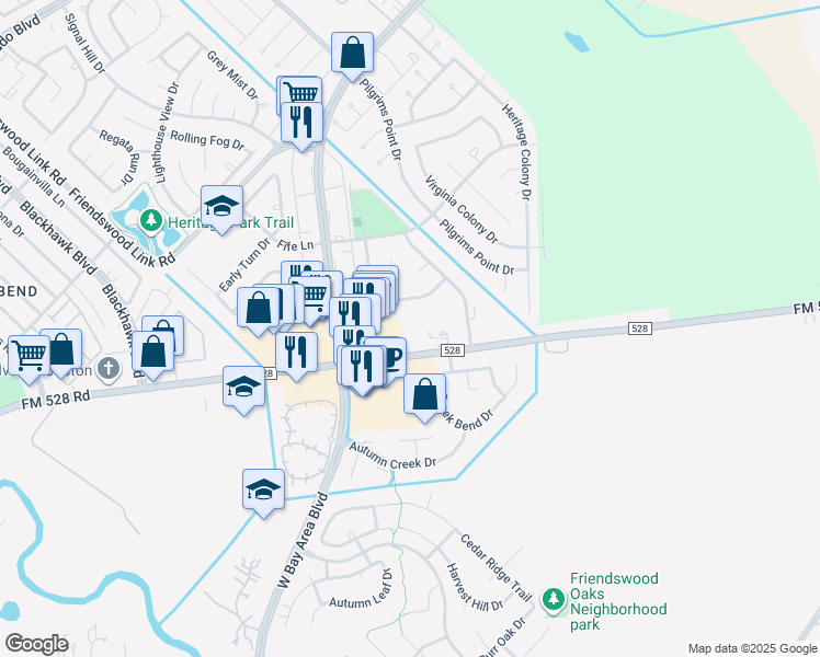 map of restaurants, bars, coffee shops, grocery stores, and more near 2940 FM 528 Road in Webster
