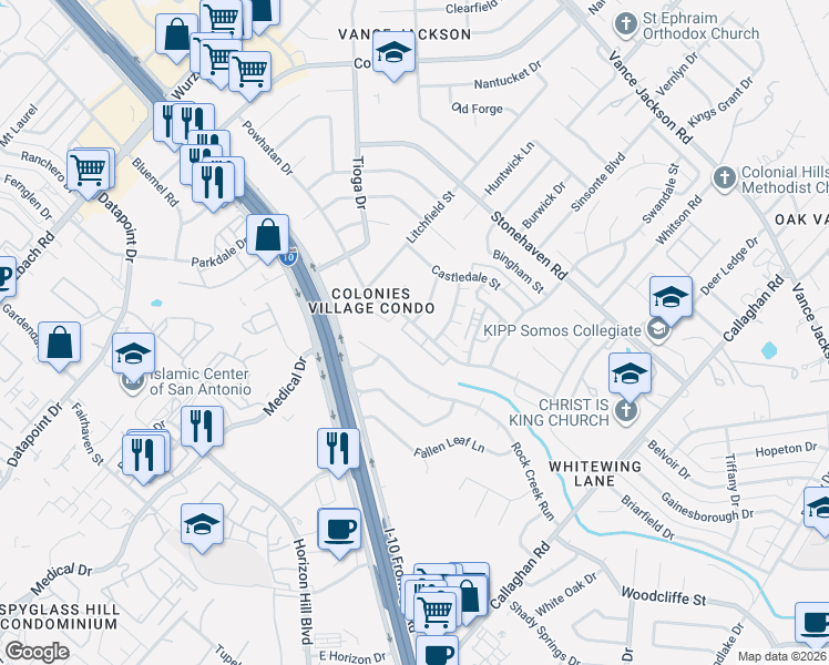 map of restaurants, bars, coffee shops, grocery stores, and more near 9317 Powhatan Drive in San Antonio