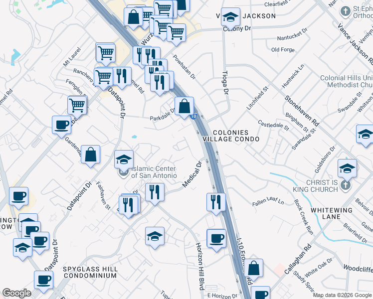 map of restaurants, bars, coffee shops, grocery stores, and more near 3635 Medical Drive in San Antonio