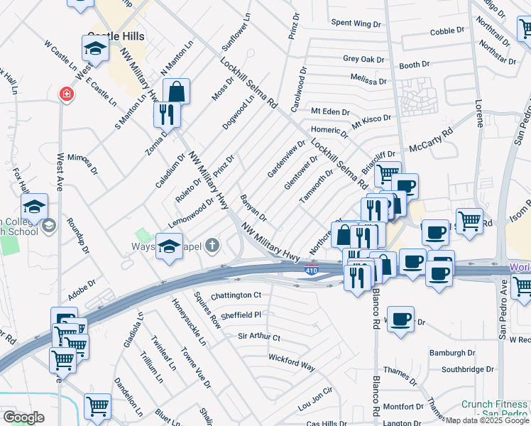 map of restaurants, bars, coffee shops, grocery stores, and more near 202 Glentower Drive in San Antonio