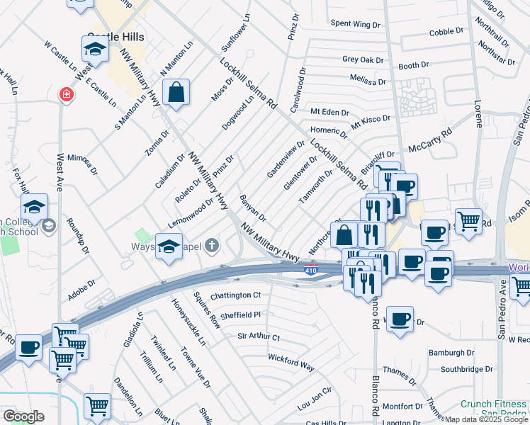 map of restaurants, bars, coffee shops, grocery stores, and more near 100 Glentower Drive in San Antonio