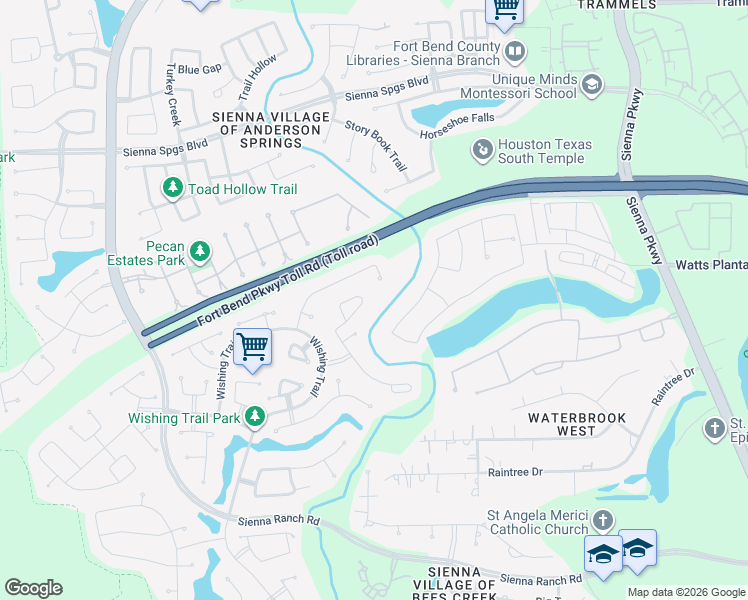 map of restaurants, bars, coffee shops, grocery stores, and more near 3 Velvet Willow Drive in Missouri City