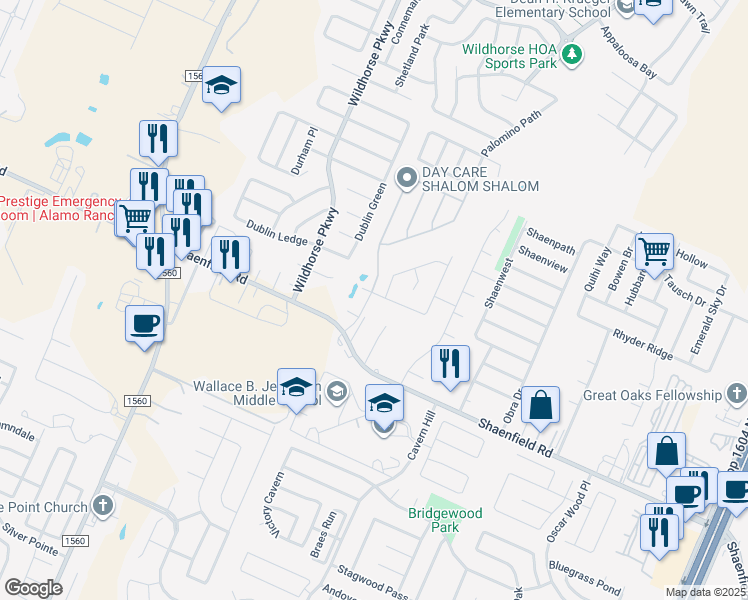 map of restaurants, bars, coffee shops, grocery stores, and more near 11085 Shaenfield Road in San Antonio
