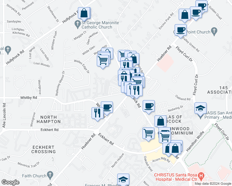 map of restaurants, bars, coffee shops, grocery stores, and more near 8727 Huebner Road in San Antonio