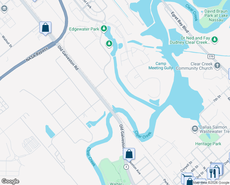 map of restaurants, bars, coffee shops, grocery stores, and more near 19510 Old Galveston Road in Webster