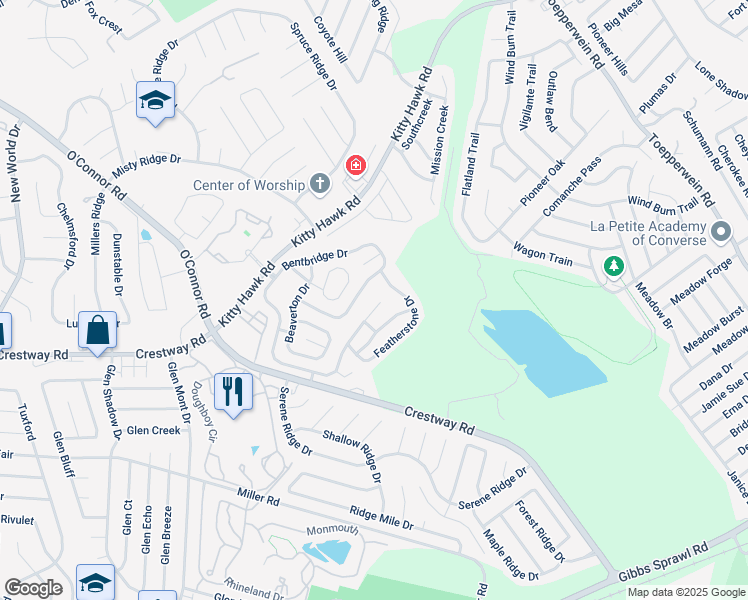 map of restaurants, bars, coffee shops, grocery stores, and more near 320 Bentbridge Drive in Converse