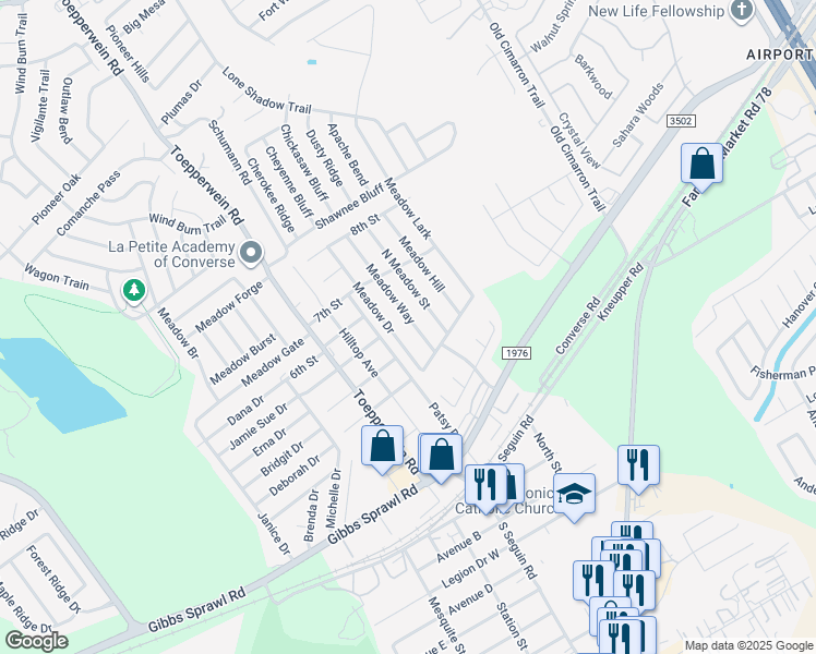 map of restaurants, bars, coffee shops, grocery stores, and more near 121 Meadow Drive in Converse