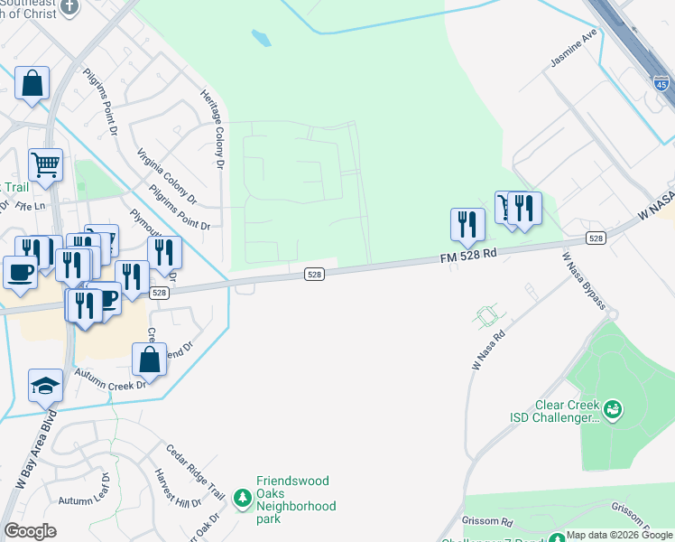 map of restaurants, bars, coffee shops, grocery stores, and more near 1866 FM 528 Road in Webster
