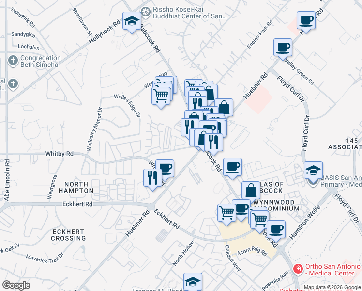 map of restaurants, bars, coffee shops, grocery stores, and more near 8727 Huebner Road in San Antonio