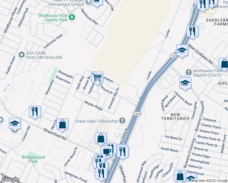 map of restaurants, bars, coffee shops, grocery stores, and more near 8738 Dove Oak Lane in San Antonio