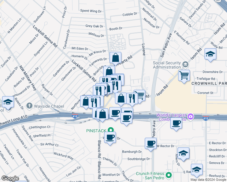 map of restaurants, bars, coffee shops, grocery stores, and more near 7216 Blanco Road in San Antonio
