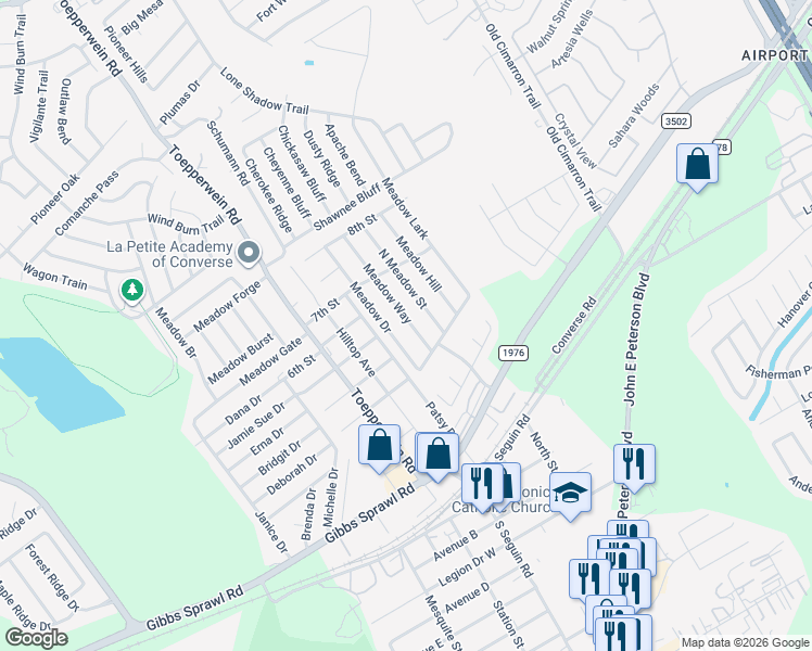 map of restaurants, bars, coffee shops, grocery stores, and more near 121 Meadow Drive in Converse