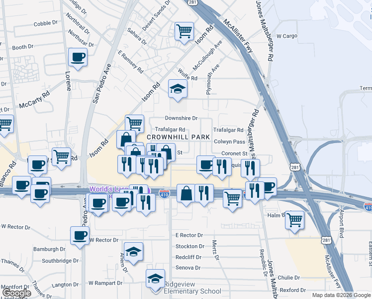 map of restaurants, bars, coffee shops, grocery stores, and more near 407 Marquis Lane in San Antonio