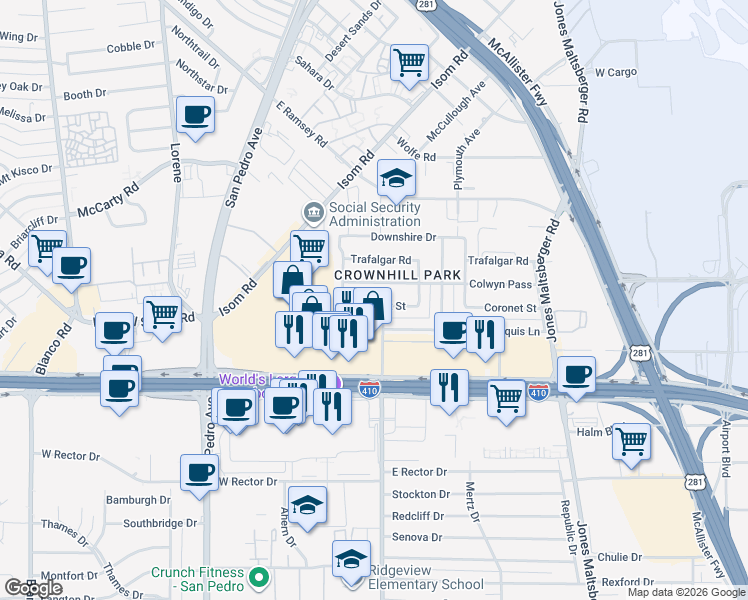 map of restaurants, bars, coffee shops, grocery stores, and more near 303 Marquis Lane in San Antonio