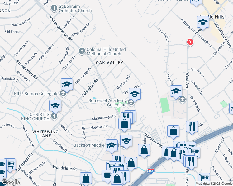 map of restaurants, bars, coffee shops, grocery stores, and more near 4818 Vance Jackson Road in San Antonio
