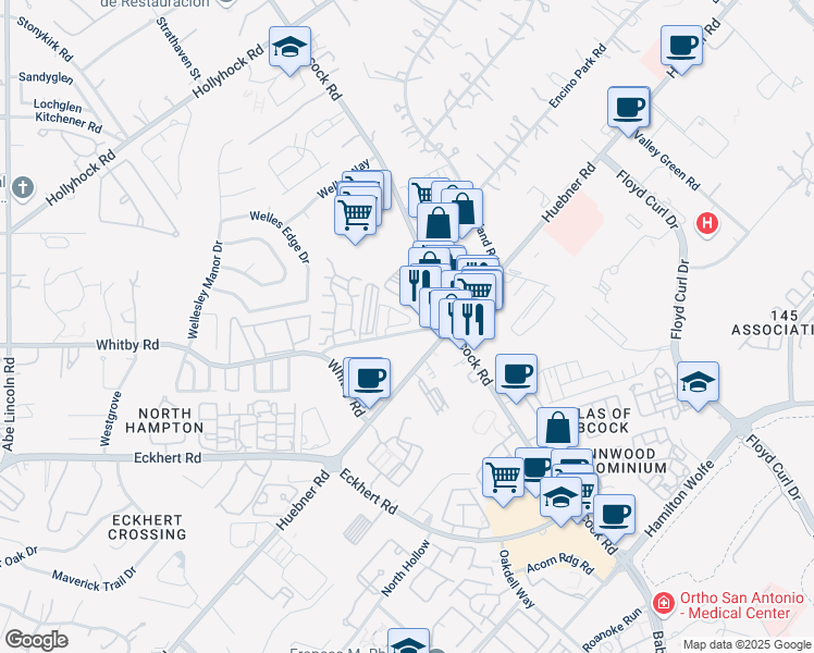 map of restaurants, bars, coffee shops, grocery stores, and more near 4 Whitby Road in San Antonio