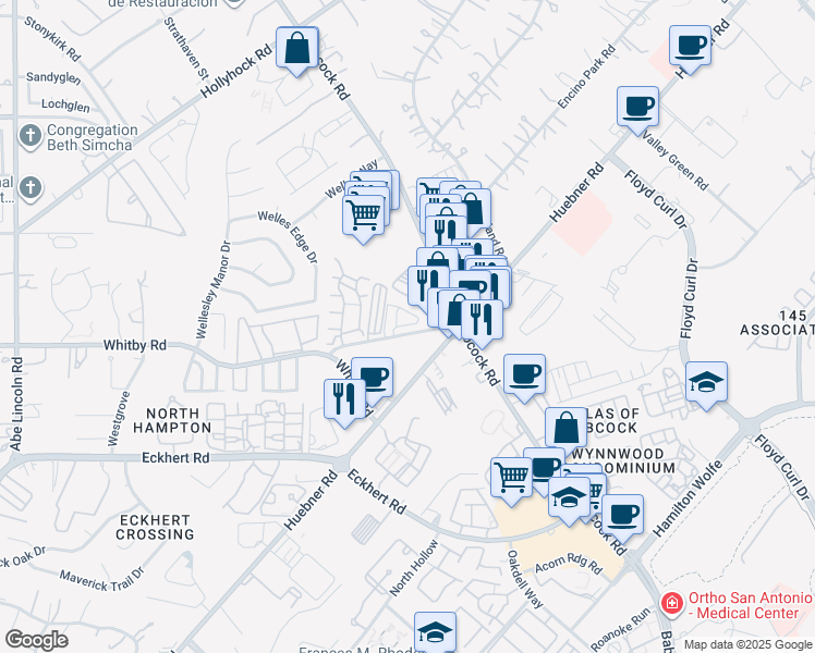 map of restaurants, bars, coffee shops, grocery stores, and more near 8727 Huebner Road in San Antonio