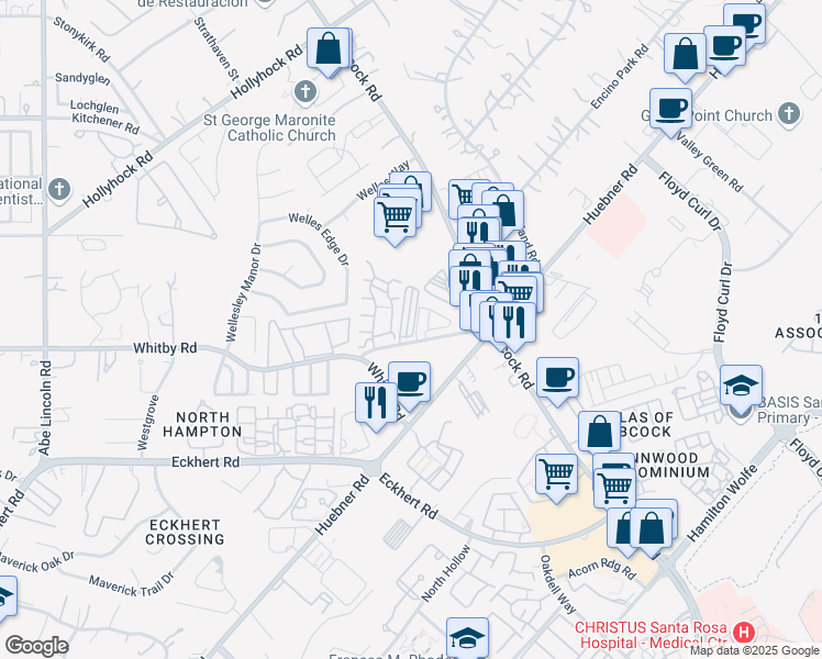 map of restaurants, bars, coffee shops, grocery stores, and more near 8727 Huebner Road in San Antonio