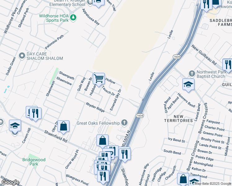 map of restaurants, bars, coffee shops, grocery stores, and more near 8738 Dove Oak Lane in San Antonio