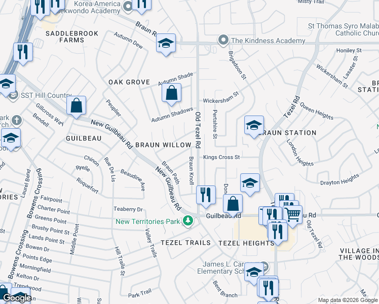 map of restaurants, bars, coffee shops, grocery stores, and more near 9511 Braun Square in San Antonio