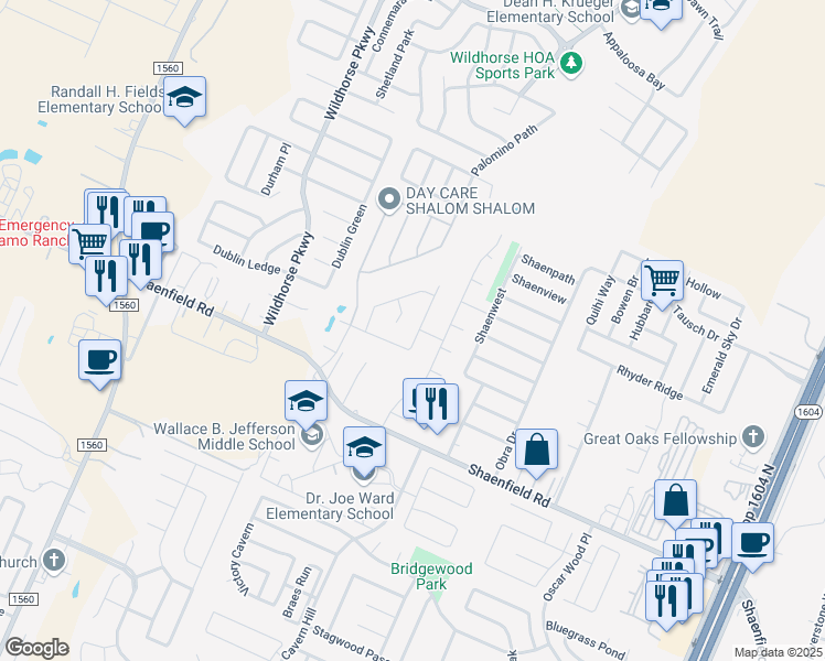 map of restaurants, bars, coffee shops, grocery stores, and more near 8823 Gallop Chase in San Antonio