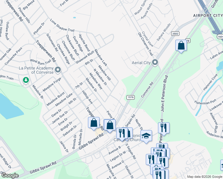 map of restaurants, bars, coffee shops, grocery stores, and more near 105 Meadow Way in Converse
