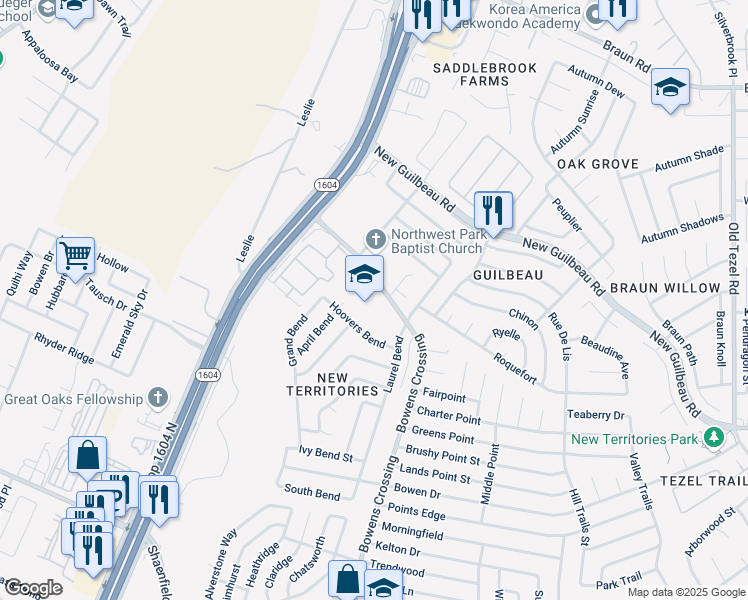 map of restaurants, bars, coffee shops, grocery stores, and more near 8555 Bowens Crossing Street in San Antonio