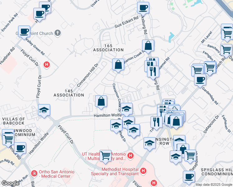 map of restaurants, bars, coffee shops, grocery stores, and more near 8722 Cinnamon Creek Drive in San Antonio