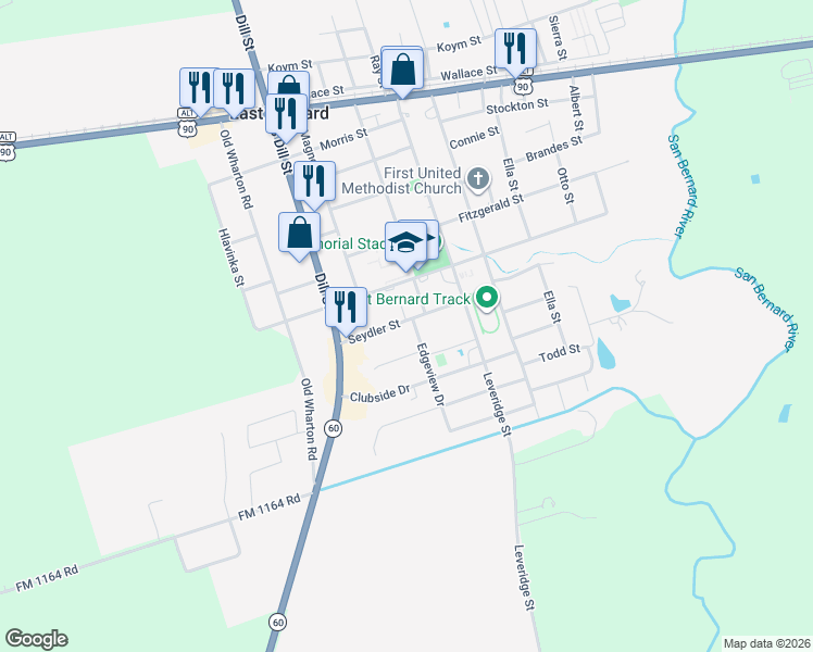 map of restaurants, bars, coffee shops, grocery stores, and more near 630 Urbanec Street in East Bernard