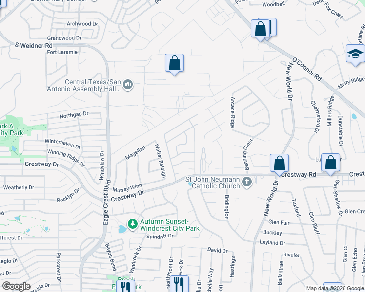 map of restaurants, bars, coffee shops, grocery stores, and more near 214 Mocking Bird Place in San Antonio