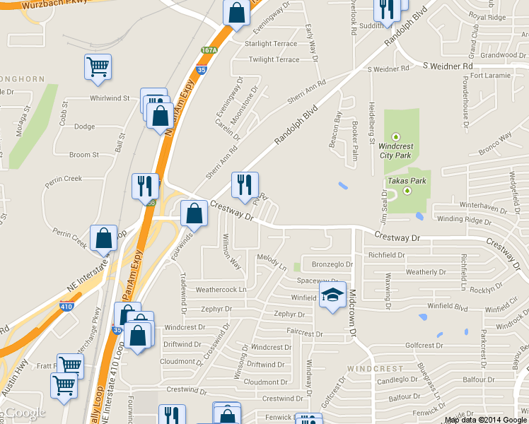 map of restaurants, bars, coffee shops, grocery stores, and more near 5226 Randolph Boulevard in San Antonio