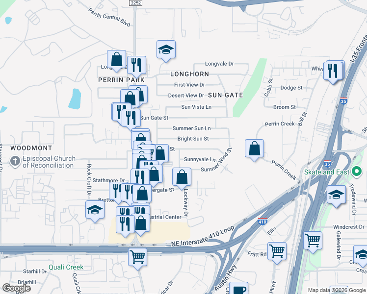 map of restaurants, bars, coffee shops, grocery stores, and more near 4319 Bright Sun Street in San Antonio