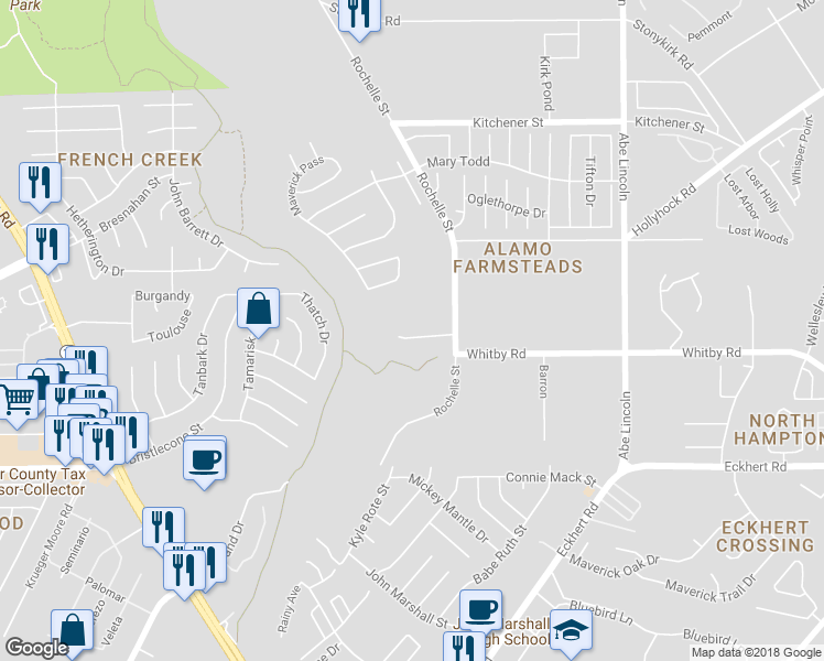 map of restaurants, bars, coffee shops, grocery stores, and more near 8693 Rochelle Road in San Antonio