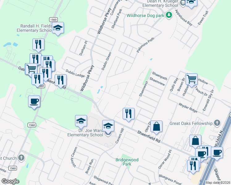 map of restaurants, bars, coffee shops, grocery stores, and more near 10902 Gallop Falls in San Antonio