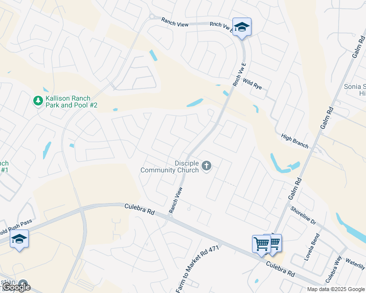 map of restaurants, bars, coffee shops, grocery stores, and more near 13727 Granbury Field in San Antonio