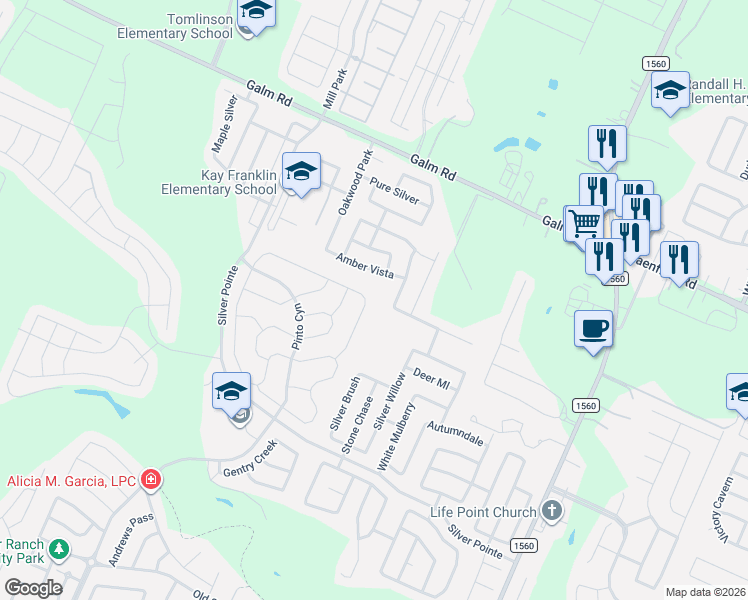 map of restaurants, bars, coffee shops, grocery stores, and more near 12110 Amber Vista in San Antonio