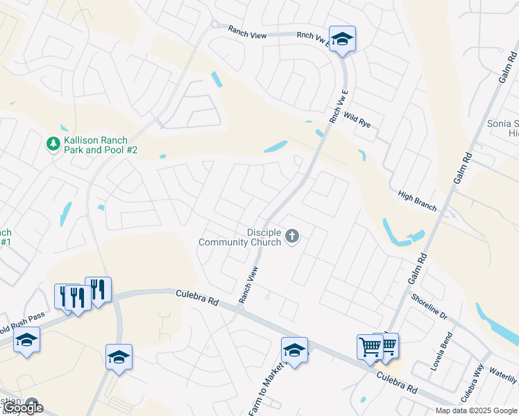 map of restaurants, bars, coffee shops, grocery stores, and more near 13727 Granbury Field in San Antonio