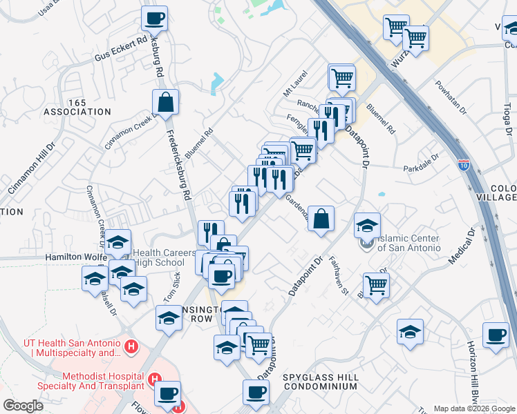 map of restaurants, bars, coffee shops, grocery stores, and more near 8779 Wurzbach Road in San Antonio