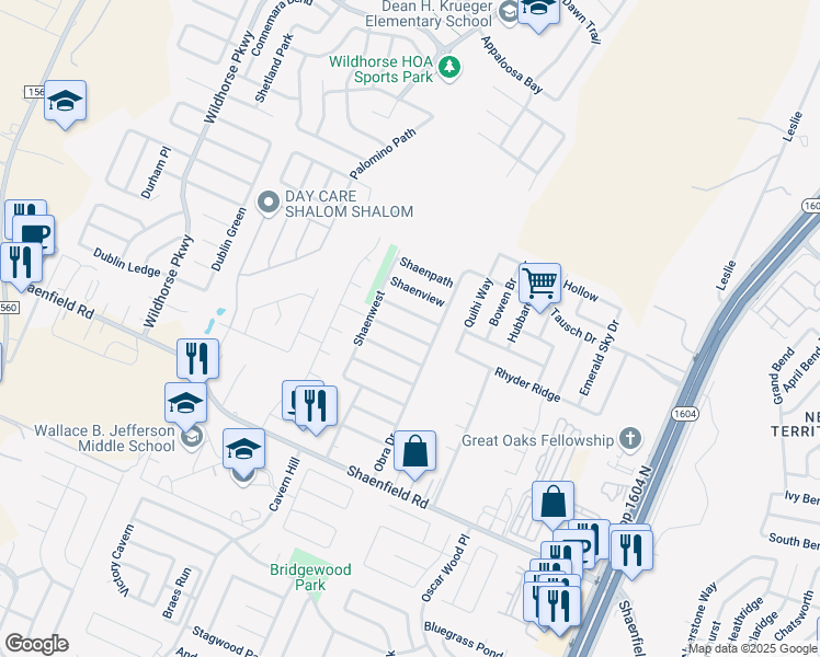 map of restaurants, bars, coffee shops, grocery stores, and more near 10718 Shaenleaf in San Antonio