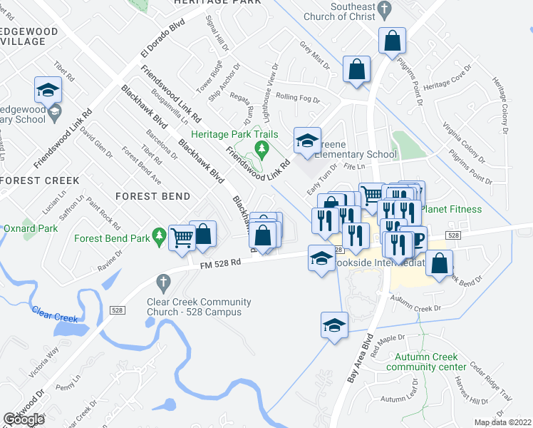 map of restaurants, bars, coffee shops, grocery stores, and more near 17209 Blackhawk Boulevard in Friendswood