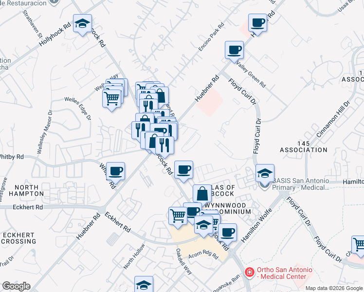 map of restaurants, bars, coffee shops, grocery stores, and more near 8902 Huebner Road in San Antonio